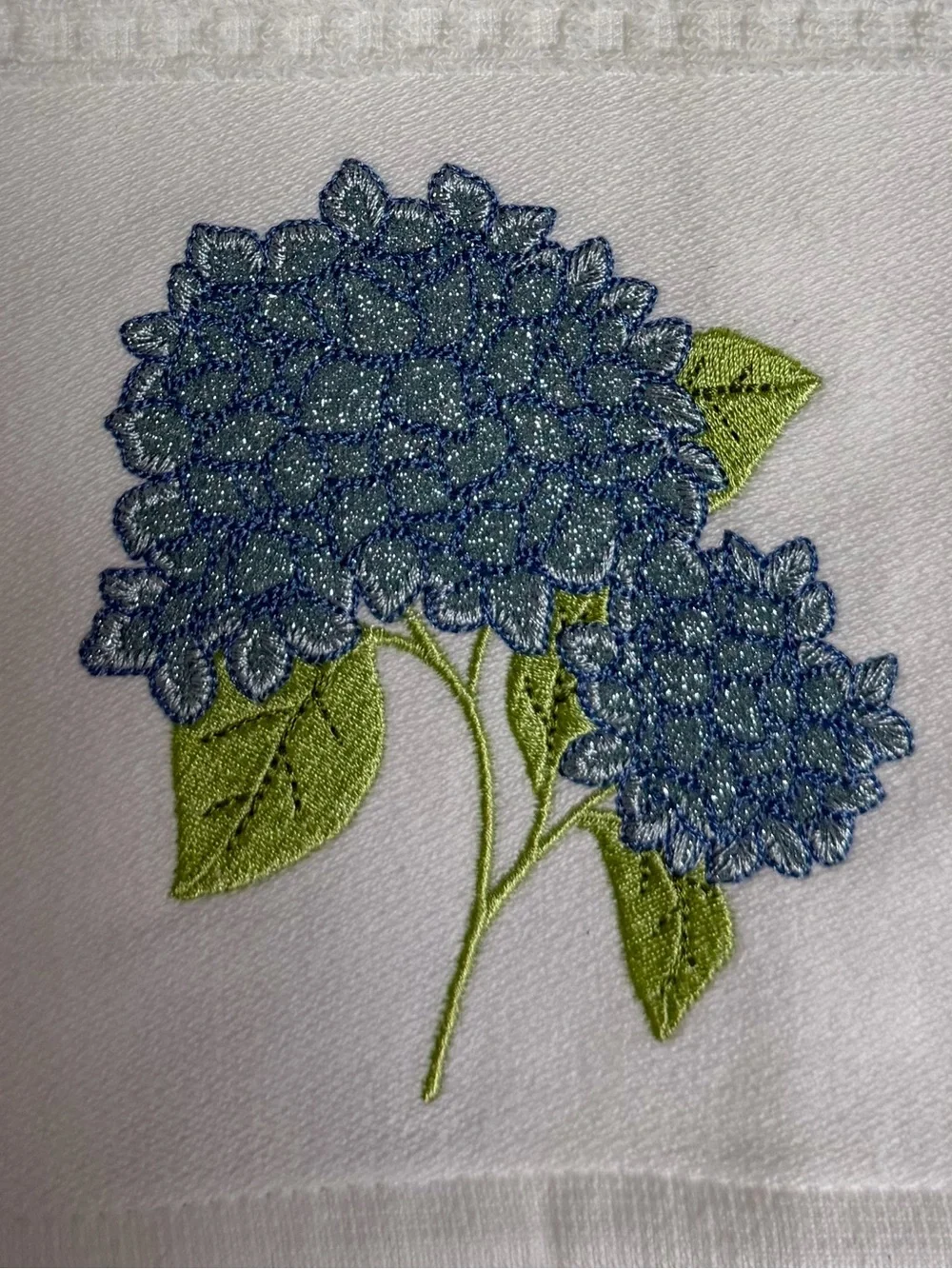 BC White Blue Green Embroidered Hydrangea Bouquet Patch Waffle Tea Towels